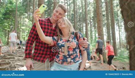 Loving Young Caucasian Couple Taking Self Portrait In A Forest Stock Image Image Of People