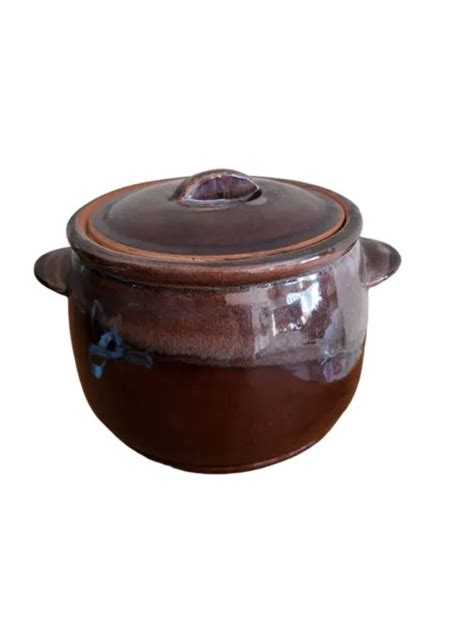 Vintage Bean Pot Crock Brown Glazed Stoneware Red Clay Pottery Lidded