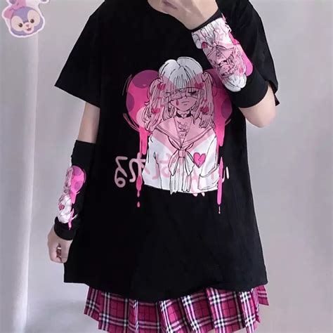 cute black punk goth anime girl cartoon print short sleeve shirt oversized loose t shirt tee top