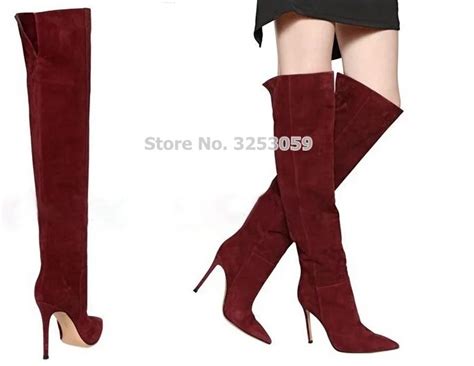 Almudena Top Selling Wine Red Suede Pointed Toe Long Boots European Stylish Real Photo Thigh