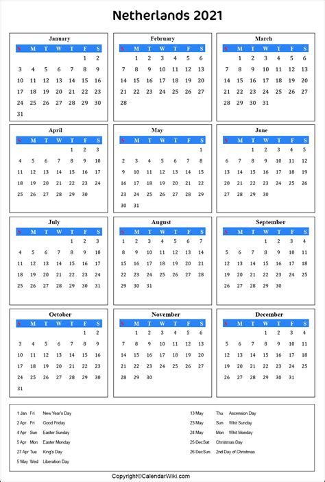 Printable Netherlands Calendar 2021 With Holidays Public Holidays