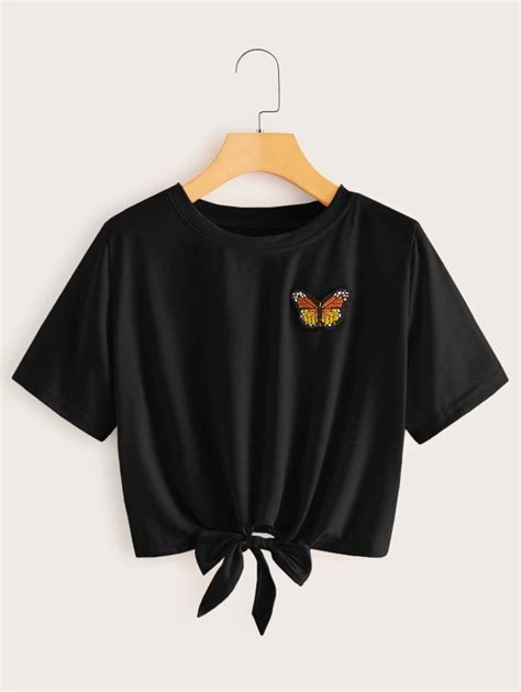 Butterfly Embroidery Knot Hem Crop Top Crop Tops Tops Hem Knotted