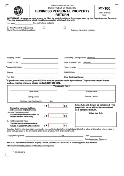 Form Pt 100 Business Personal Property Return Jasper County Sc