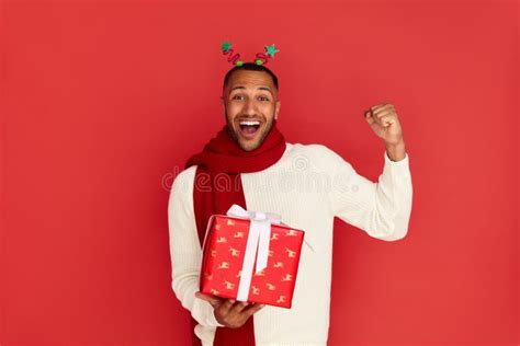 Surprised Man Holding Present Excited Multiracial Guy Holding Present Box Stock Image Image
