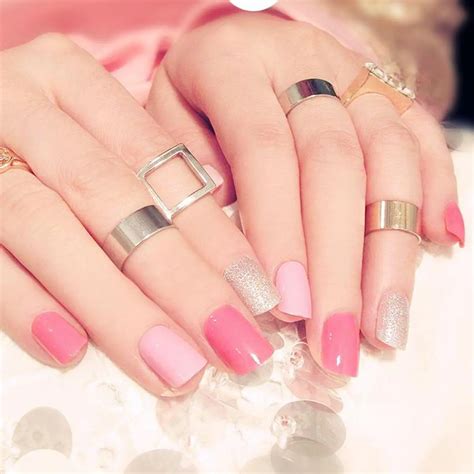 Fashion Glitter Silver Flat Fake Nails Sweet Light Pink False Nails Diy