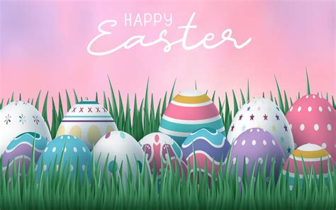 Happy Easter Background With Eggs In Grass With Pink Sky 1000648 Vector