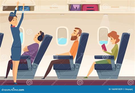 Passengers Airplane Stewardess Avia Service Tourism Aviation Vector Cartoon Background Stock
