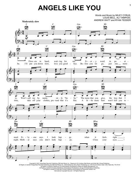 Angels Like You Sheet Music Miley Cyrus Piano Vocal And Guitar