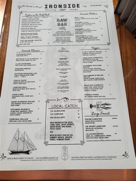 Menu at Ironside Fish & Oyster Bar, San Diego, India St