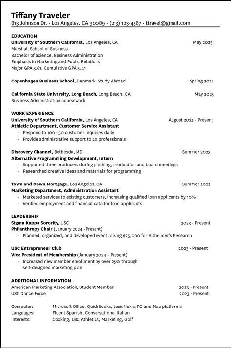 Sample resume for an art internship. Write a Resume & Cover Letter | Career Center | USC
