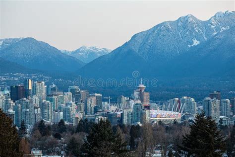 Vancouver Skyline At Sunrise With Mountains In Background Editorial