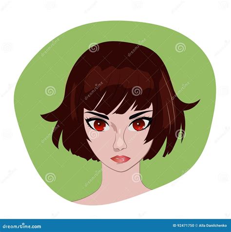 Anime Girl With Brown Bob Hair Vector Portrait Stock Vector