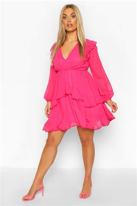 Red ruffle dress plus size. Plus Tiered Ruffle Plunge Skater Dress | boohoo in 2020 ...
