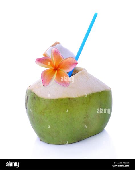 Green Coconuts With Drinking Straw Isolated Stock Photo Alamy