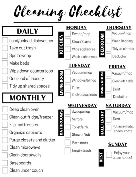 Daily Weekly Monthly Cleaning Checklist Schedule To Do List Check Off
