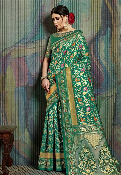 Green Banarasi Saree With Blouse 181061 Silk Sarees Saree Art Silk Sarees