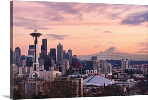 Sunset View Of Downtown Seattle And Mount Rainier In Distance Wall Art