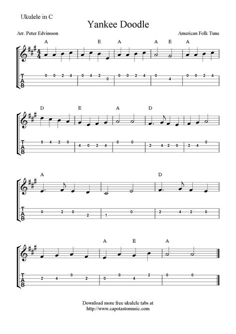 Most viewed tabs for beginner, selection of songs by level. "Yankee Doodle" Ukulele Sheet Music - Free Printable | Ukulele tabs, Ukulele tabs songs, Ukulele ...