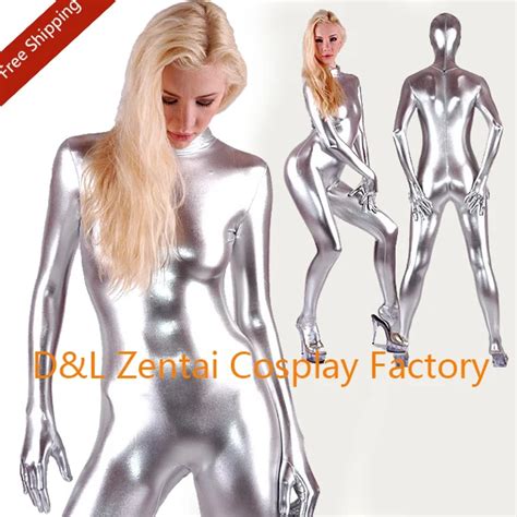 Free Shipping Dhl Halloween Costumes Fullbody Silver Shiny Metallic Spandex Zentai Suit Sexy