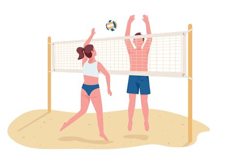 Man And Woman Playing Beach Volleyball Flat Color Vector Faceless