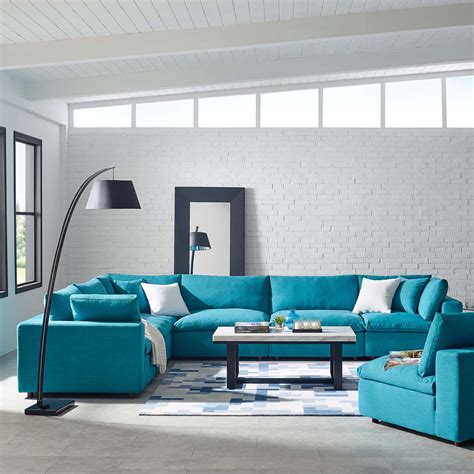 Commix Down Filled Overstuffed 6 Piece Sectional Sofa Set Teal
