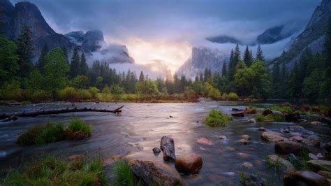 Nature Landscape Mountain Trees Forest Water Clouds Reflection California Usa Yosemite
