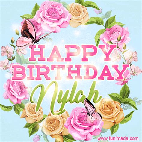 Beautiful Birthday Flowers Card For Nylah With Animated Butterflies