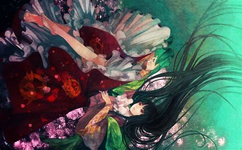 Water Video Games Touhou Dress Floating Princess Skirts Long Hair Barefoot Red Eyes