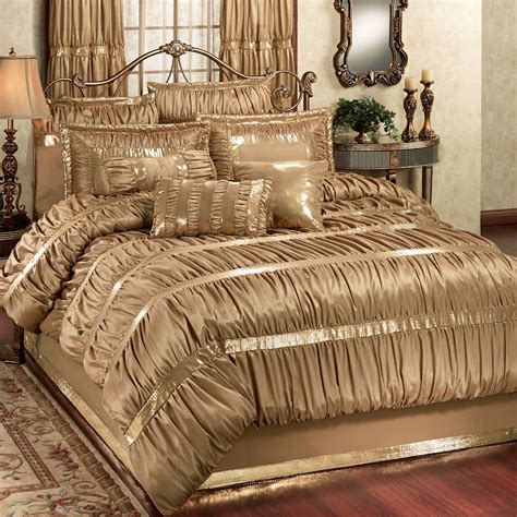 Splendor Shirred Faux Silk Dark Gold Comforter Bedding Bed Linens