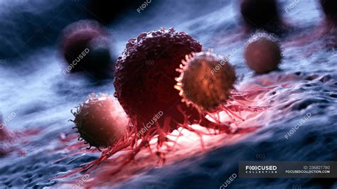 Digital Artwork Of White Blood Cells Attacking Red Illuminated Cancer