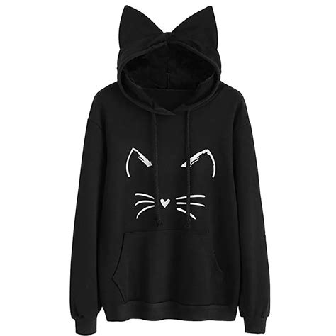 Women Cat Print Hooded Kawaii Cat Ear Long Sleeve Hoodie Sweatshirt