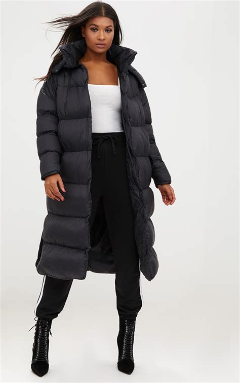 Black Oversized Longline Puffer Jacket With Hood Prettylittlething Uae