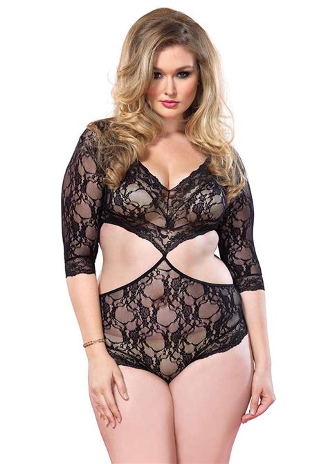Leg Avenue Floral Lace Deep V Cut Out Teddy With Full Back Panty Plus Si Black In Lingerie Bras