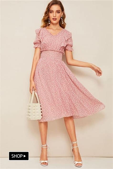 Pink V Neck Ruffle Trim Puff Sleeve Boho Midi Dress Boho Summer Dresses Shirred Waist Dress