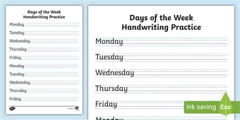 days   week handwriting practice worksheet