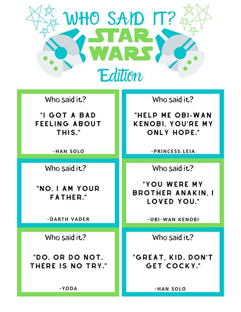 Free Star Wars Trivia Game Printable Who Said It In 2021 Star Wars Facts Trivia Star Wars