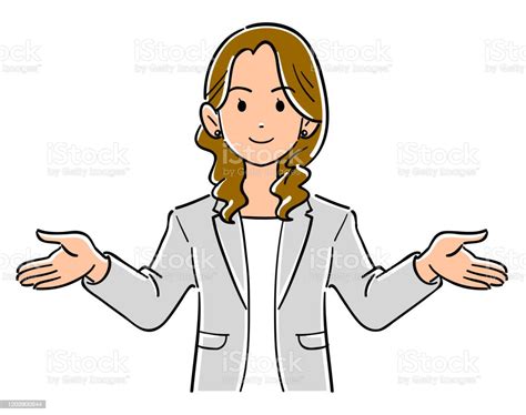 spread both hands upper body of a businesswoman wearing a gray jacket stock illustration