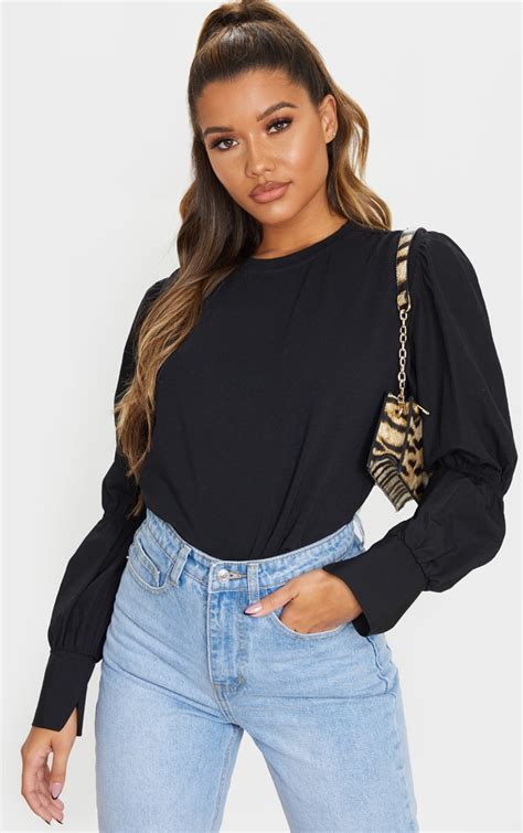 black ruched long sleeve top tops prettylittlething