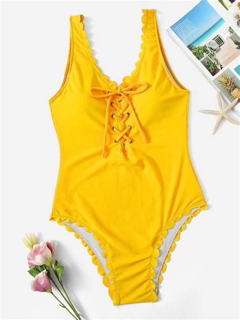 Scalloped Trim Lace Up Low Back One Piece Swimsuit Sheinsheinside
