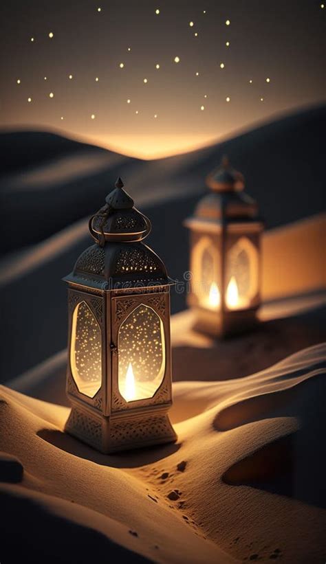 Ramadan Kareem Ornamental Arabic Lantern With Burning Candle Glowing