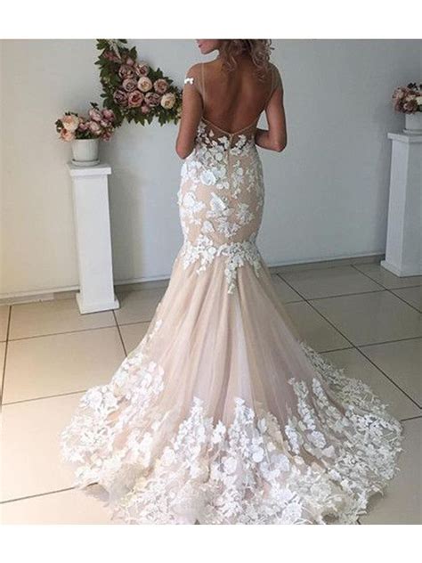 Elegant Champagne Mermaid Scoop Backless Wedding Dresses With Ivory
