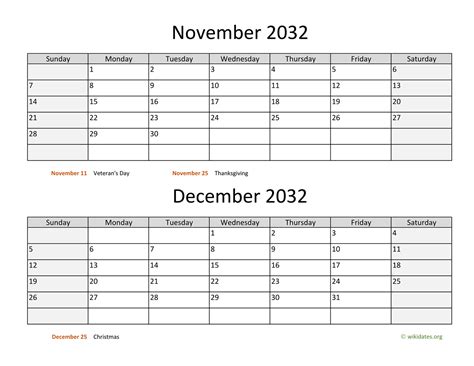 November And December 2032 Calendar