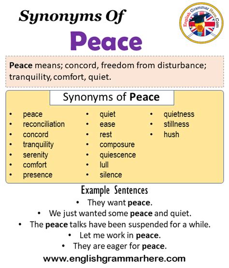 Find 412 synonyms for peace of mind and other similar words that you can use instead based on 3 separate contexts from our thesaurus. Synonyms Of Peace, Peace Synonyms Words List, Meaning and ...