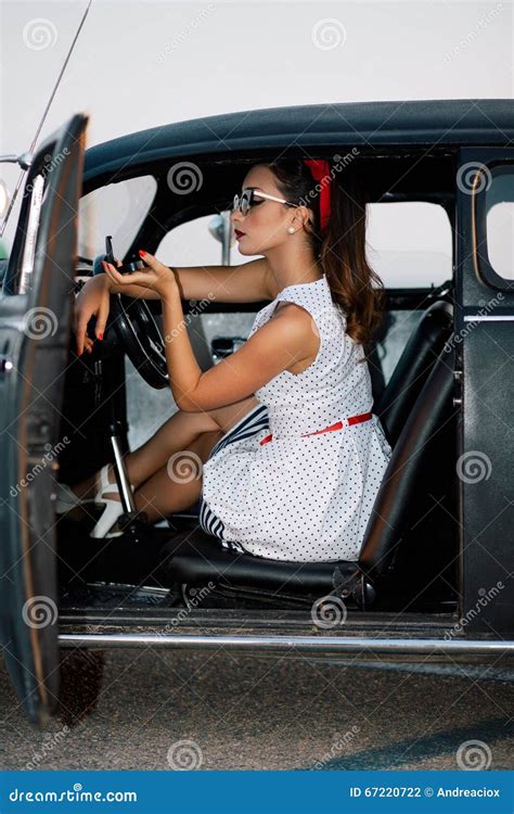 Beautiful Pin Up Girl Inside Vintage Car Stock Photo Image Of