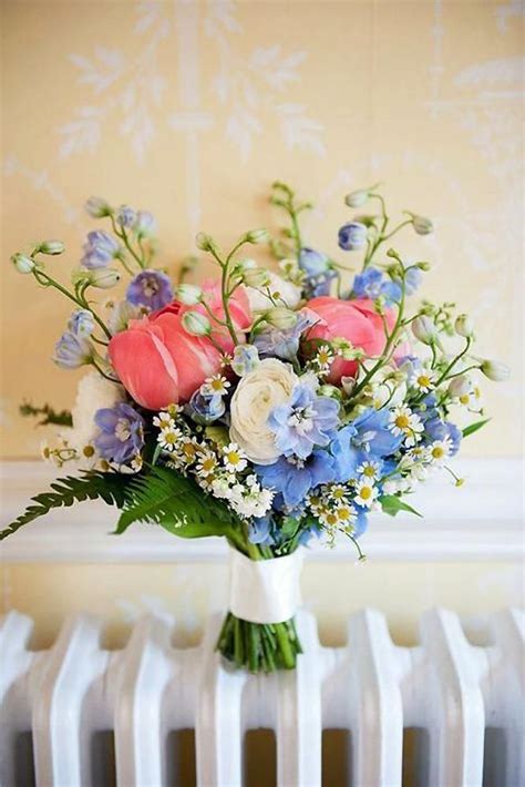 Fresh Spring Wedding Bouquets With Pink Tulips And Daisies And Blue