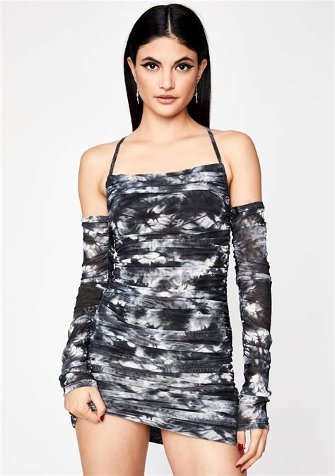 Off The Shoulder Tie Dye Ruched Mini Bodycon Dress Long Sleeve Halter