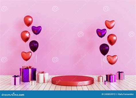 Cylinder Podium With Hearts And Pink T Box And Pink Balloon Pedestal
