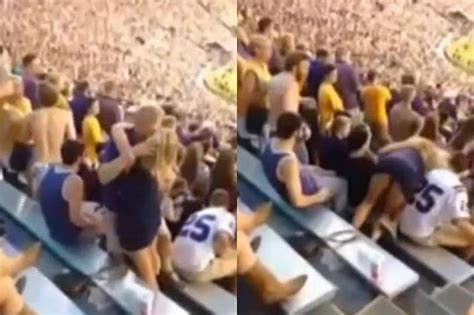 Drunk College Football Fans Fall Down Bleachers While Kissing Video
