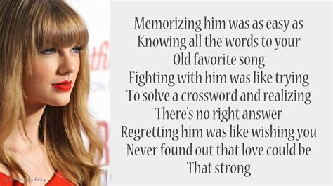 And you call me up again just to break me like a promise, so casually cruel in the name of being honest. Taylor Swift - RED | Lyrics Songs - YouTube