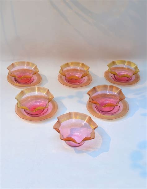 Set Of Victorian Pink Tinted Glass Dessert Dishes Denton Antiques